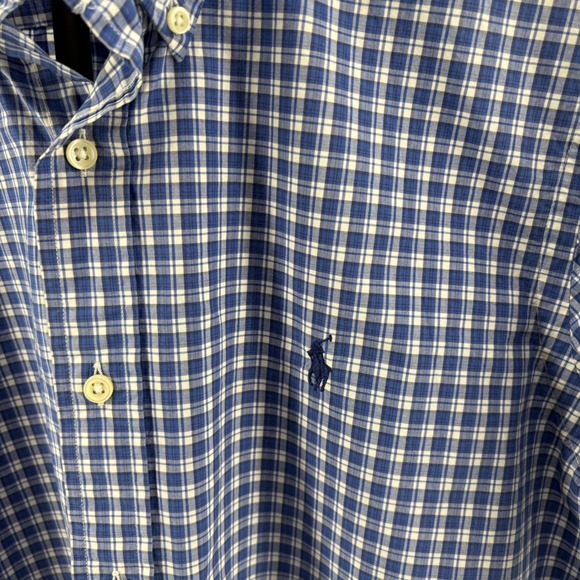 Ralph Lauren Mens Medium Blue White Plaid Short Sleeve Cotton Button Down Shirt - Picture 3 of 8